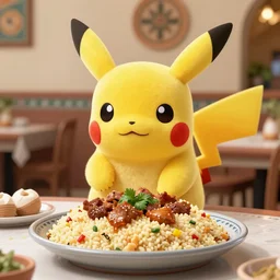 high quality photo of Pikachu eating couscous in an Algerian restaurant