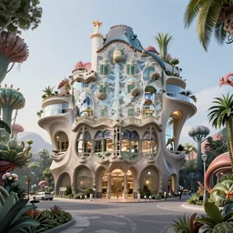 highly detailed futuristic architecture by Antoni Gaudí, floating buildings, reflective lighting, empty streetscapes, surrounded by lush alien vegetation, ground-level view, puddles of water, stunning sunny lighting, sunrise, vivid colors, in the style of pixar animation, trending on Artstation, 8k, photorealistic, ray tracing, hyper detailed, unreal engine 5, cinematic, epic lighting, cryengine, octane render, cyberpunk, red and orange glow, vibrant