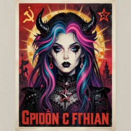 a detailed and complex, highly detailed, concept art, soviet propaganda poster depicting a portrait of a gothic e - girl with neon hair. painting by irakli toidze