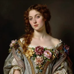 a pre-raphaelite portrait of a woman in a mythical dress with floral decoration