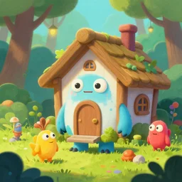 toy tiny monster, mark ryden, lostfish, max fleischer, hyper realistic, artstation, illustration, digital paint, matte paint, vivid colors, colorful, bright, cheerful, forest, cabin, detailed and intricate fairytale environment