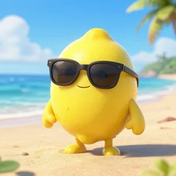 a lemon character wearing sunglasses on the beach, pixar