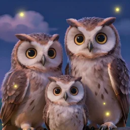 a close up portrait of a family of owlets. the owls have really detailed, fluffy feathers and glowing eyes, night time with glowing fireflies, pretty clouds, pastel colours, 3 d painting by hayao miyazaki, wesanderson and jeffrey smart, art station