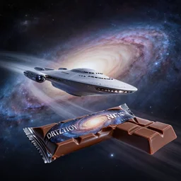 federation starship enterprise travelling at warp speed through the milky way galaxy, side by side with a milky way chocolate bar
