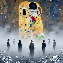 a group of people diffused into a fog, landscape of diamonds, in the style of nick cave, klimt, rothko