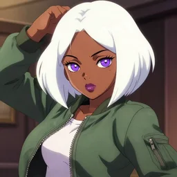 anime poster film still portrait, young black woman, black black black woman, purple colored eyes!!!!, white french bob hairstyle, white hair color, white hair color, green colored bomber jacket, detailed facial features, dynamic pose,, rimlight, cel shaded, 4 k