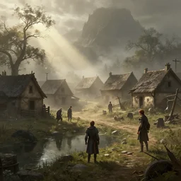 small poor medieval village, mist, sunrays, dust in the air, dnd character, unreal engine, octane render, dramatic lighting, pond, digital art, by stanley artgerm lau, greg rutkowski, thomas kindkade, alphonse mucha, loish, norman rockwell,