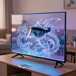 curved transparent tv dragon popping out of tv, volumetric lighting, bedroom, visor, users, pair of keycards on table, bokeh, creterion collection, shot on 7 0 mm, instax