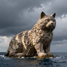 a giant rock that looks like a cat, the rock is in the sea, professional photo