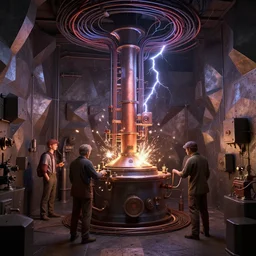 boiler room of a basement, victorian mad scientists, sparks, electrical cables, lightning bursts, polygonal iron steel walls, by peter mohrbacher dan mumford craig mullins nekro, cgsociety, pixiv, volumetric light, 3 d render