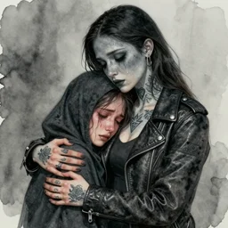 Hot young woman, grey skin, void eyeballs, tattoos, wearing a leather jacket, hugging a shrouded person as they cry on her chest, comforting, touching, wholesome, art, watercolour, big sister, little brother, 4k concept art, digital art