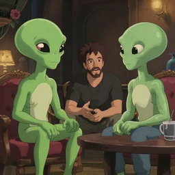 a wholesome animation key shot of joe rogan interviewing an alien on dmt, medium shot, studio ghibli, pixar and disney animation, sharp, rendered in unreal engine 5, anime key art by greg rutkowski, bloom, dramatic lighting