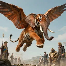 tiger elephant leaping through the sky, winged, epic composition, hyper detailed, digital art, trending in artstation, cinematic lighting, studio quality, unreal engine 5 rendered, art style by klimt and nixeu and ian sprigger and wlop and krenz cushart