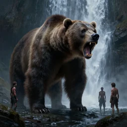 scary picture of a single giant grizzly bear roaring at 3 human near a waterfall, demonic, grimdark, dnd, extremely detailed, sharp focus, smooth, oil matte painting, by artgerm, franzzeta, vaporwave, concept art