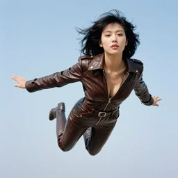 ektachrome, telephoto, highly detailed : incredibly realistic, youthful asian demure floating in the sky, exquisite features, feminine cut, photo 1 9 7 0 s frontiers in flight leather suit cosplay fashion, gaston bussiere, nick knight