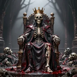 the king of death, sitting on throne, blood splatters, shadows, hyperrealistic, dead bodies in the background, high resolution, 8 k