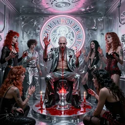 interior silver neon lighting photorealistic detailed matte painting of wan!! bald british man surrounded by tweakers!! addicts!! groupies! performing ritual blood!! magic! greg rutkowski artstation hdr vivid color goth vaporwave ( ( ( ( ( alphonse mucha ) ) ) ) )