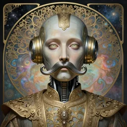 human robot hybrid face, dmt, large metal mustache, muted colors, benevolent, nebula background, glowing eyes, detailed realistic surreal retro robot in full regal attire. face portrait. art nouveau, visionary, baroque, giant fractal details. vertical symmetry by zdzisław beksinski, alphonse mucha. highly detailed, realistic