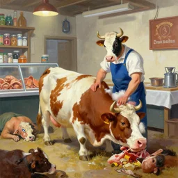 a butcher shop, an anthropomorphic cow is the butcher, the cow is slaughtering the humans, painting
