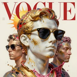 3 d marble statue of fancy head in sunglasses, multiple splashes of golden and red and black paint, liquid white and pink metal, sun, vogue cover style, poster art, high detail, intricate oil painting, multiple exposure, stanley kubrick mood, hyperrealism, 3 d, by tooth wu and wlop and beeple and greg rutkowski