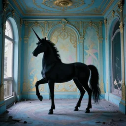 a black unicorn in a blue and gold haunted liminal abandoned room, film still by david lynch, limited color palette, very intricate, art noveau, highly detailed, strong lights, liminal, eerie, bright pastel colors