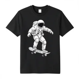 astronaut skateboarding, graphic tees, line art