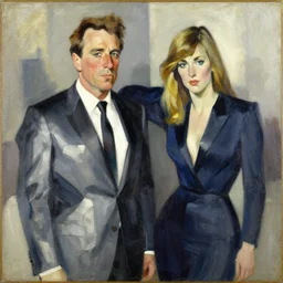 jeffrey epstein and ghislaine maxwell, painting by jc leyendecker!! phil hale!, angular, brush strokes, painterly, vintage, crisp