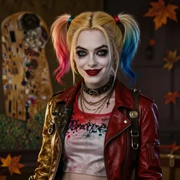 steampunk goth autumn portrait of emma stone as harley quinn, hyper detailed, digital art, cinematic lighting, studio quality, smooth render, unreal engine 5, octane rendered, art style by klimt and nixeu and ian sprigger and krenz cushart.