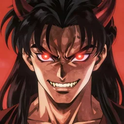 ominous character art of Devilman with glowing red eyes by Go Nagai, art by Ayami Kojima, demon, sharp teeth