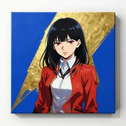 Portrait of 20yo female from Kakegurui rule of thirds original modern mural printed on royal blue and gold aluminium canvas by James Jean and Zdzis H 1024 w 2500