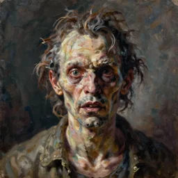 Oil painting by Christian Rex Van Minnen of a portrait of an extremely bizarre disturbing mutated man with intense chiaroscuro lighting very detailed insanely creepy perfect composition
