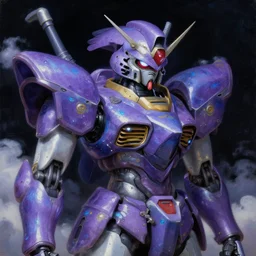 a baroque neoclassicist renaissance close - up portrait of a purple and blue iridescent whimsical 1 8 0 0 s japanese mecha gundam alien with big glowing eyes. reflective detailed textures. puffy clouds, dark black background. highly detailed fantasy science fic tion painting by moebius, norman rockwell, frank frazetta, and syd mead. rich colors, high contrast. artstation