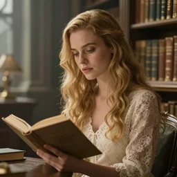 cinestill 5 0 d landscape portrait of a dreamy beautiful woman britt marling 3 / 4 by roversi taking a book sitting in a dystopian fantasy library, long hair, wearing lace, 8 k, elegant, highly detailed, pale gold matt, soft blur, artstation, sharp focus, head in focus,