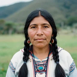 An analog 35mm film portrait photography of a Selknam woman. detailed. hq. realistic.