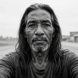 photo by lee jeffries, black and, black male, old, long hair selfie, dirty, homeless