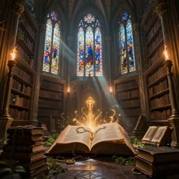 citadel of magic, grand library, chained living books, glowing, necronomicon, baroque, torches, stained glass windows, sun light rays, vegetation, dreamy mood, Darek Zabrocki, Karlkka, trending on Artstation, 8K
