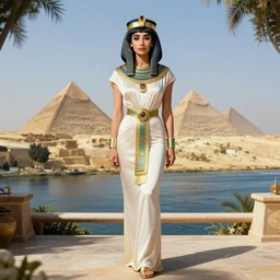 portrait young elizabeth taylor as egypt princess cleopatra on a open terrace, hands straight down, nile - river and pyramids view, full length shot, shining, 8 k highly detailed, sharp focus, illustration, art by artgerm, mucha, bouguereau