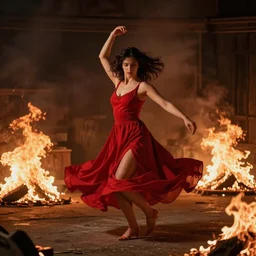 woman in the red dress is slow dancing in the burning room, realism, photo-realism, hyper-realism, leica 35mm