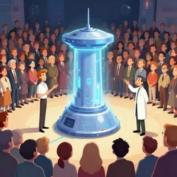 teleportation machine in front of a large crowd of people, with a scientist giving a presentation on it by charles addams and marc simonetti