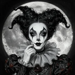 a beautiful portrait of an evil pierrot on the moon, intricate, sharp focus, illustration, highly detailed, digital painting, concept art, matte, art by wlop and artgerm and greg rutkowski and alphonse mucha, masterpiece