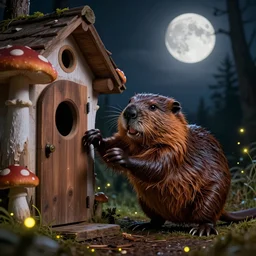 angry anthropomorphic beaver knocking on his neighbors mushroom house door, incredibly fine detailed portrait, dynamic angle, 2 0 0 mm focal length, highly detailed, dramatic full moon lighting, many fireflies
