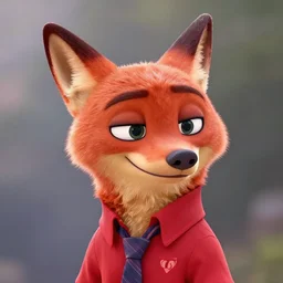 high quality character portrait of a fox character wearing a red sweater, disney style, zootopia, highly detailed render, fur