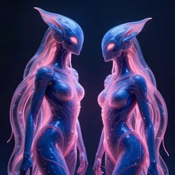 twin creatures made of bioluminescence slimy skin, fantasy, elegant, crisp 8 k line art, digital painting, artstation, unreal engine, octane render, emissive lighting, concept art, matte, sharp focus, hyper realistic lighting, illustration, deep royal blue and pink color scheme, art by dave kendall