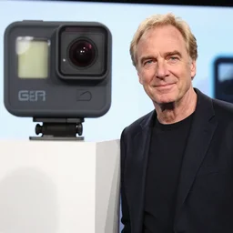 a gopro photo showing an attractive young blond man standing next to john cleese at a hightech conference
