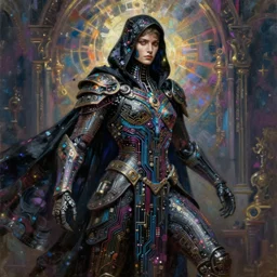 dark cyborg assassin! cloak armour made of intricate complex circuitry and microchips, iridescent, black cape, warrior, colorful, intricate linework, gothic baroque, athletic stance, human face, magical, realistic oil painting, artstation, rutkowski, wlop, chebokha, artgerm, shinkai
