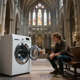 “ a washing machine being worshipped inside a large cathedral by edward hopper and angus mckie. unreal engine, trending on artstation, nightcafe, octane render, highly detailed ”