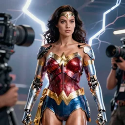robotic wonder woman, photo real, dramatic lightning, highly detailed, high quality, HD, 4k, 8k, Canon 300mm, professional photographer, 40mp, lifelike, top-rated, award winning, realistic, sharp, no blur, edited, corrected, trending