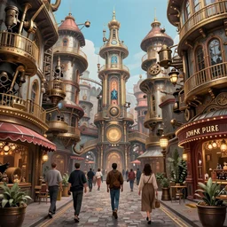 steampunk city street, trending, intricate, elegant, highly detailed, vivid colors, john park, frazetta, sparth, ruan jia, jeffrey catherine jones