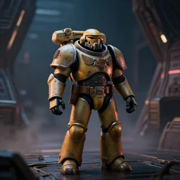 full shot of Space Marine, bokeh, darkness interior of the spaceship background, inspired by Ridley Scott, Warhammer, octane render, HD, volumetric lighting, mist, twilight, detailed