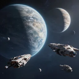 fantasy outerspace, moons and planets, spaceships in the background, 4k, realistic